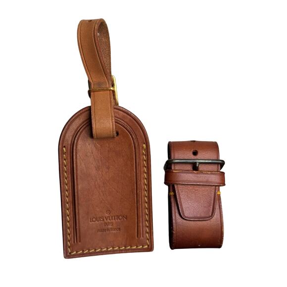 Authentic Louis Vuitton Vachetta Leather Name Luggage Tag And Poignet Set SN911 - Picture 1 of 5